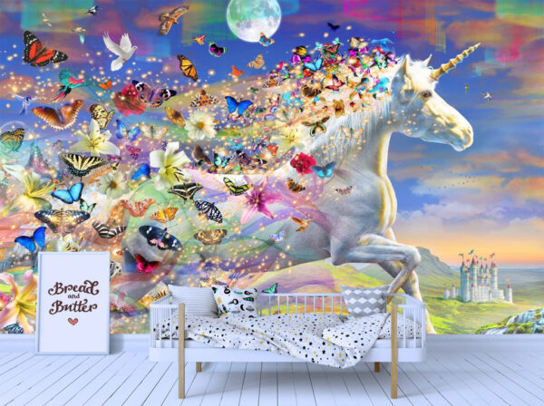 Unicorn, Butterflies, Fairy land, Fairy Tale, Castle, Wallmural