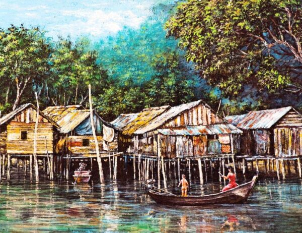 Sleek Oil Painting of Stilt Houses Wall Mural