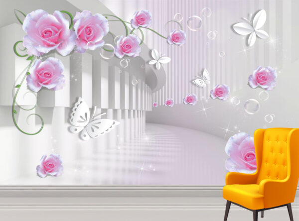 Cute Pink Roses & Paper Butterflies Wall Mural