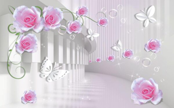 Cute Pink Roses & Paper Butterflies Wall Mural