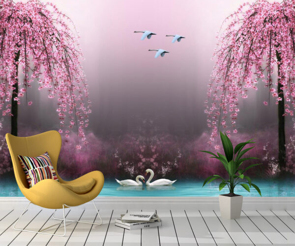 3d wallpaper swan pink tree water